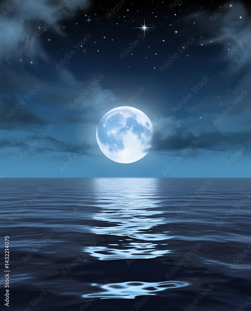 Bright full moon glowing over a calm ocean at night with reflected moonlight on water, surrounded by stars and dramatic clouds in a tranquil nighttime seascape
Bright full moon glowing over a calm ocean at night with reflected moonlight on water, surrounded by stars and dramatic clouds in a tranquil nighttime seascape