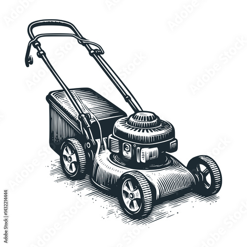 Black White Vector Illustration of a Lawn Mower Machine: A Vintage Engraved Infographic