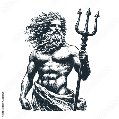 "Black White Vector Illustration of Neptune Holding a Trident in the Ocean: A Vintage Engraved Infographic"