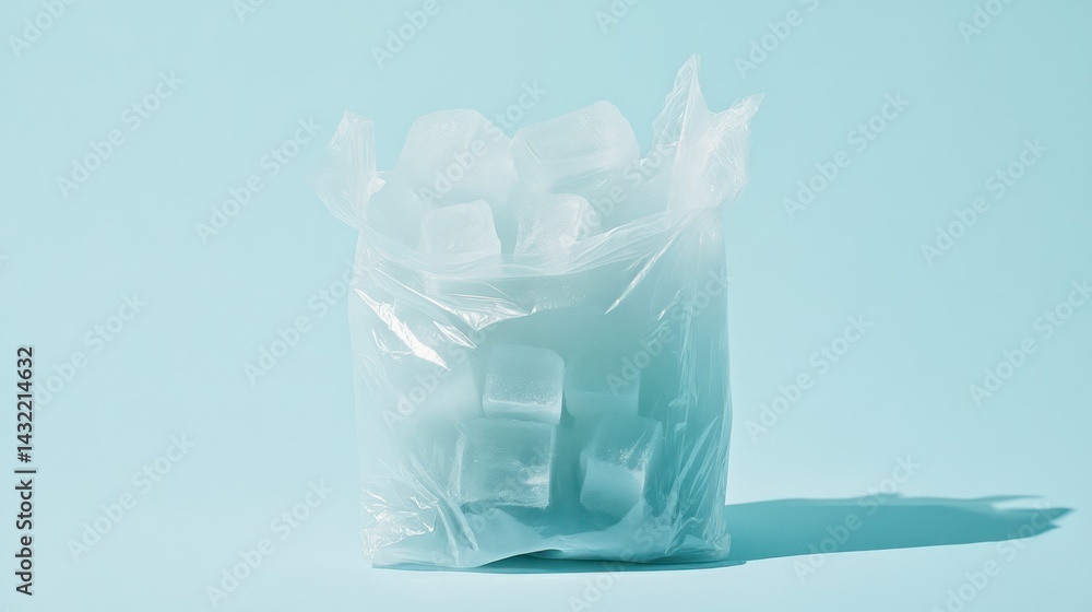 Ice Cubes in Transparent Bag on Light Blue Background Ice Cubes in Transparent Bag on Light Blue Background