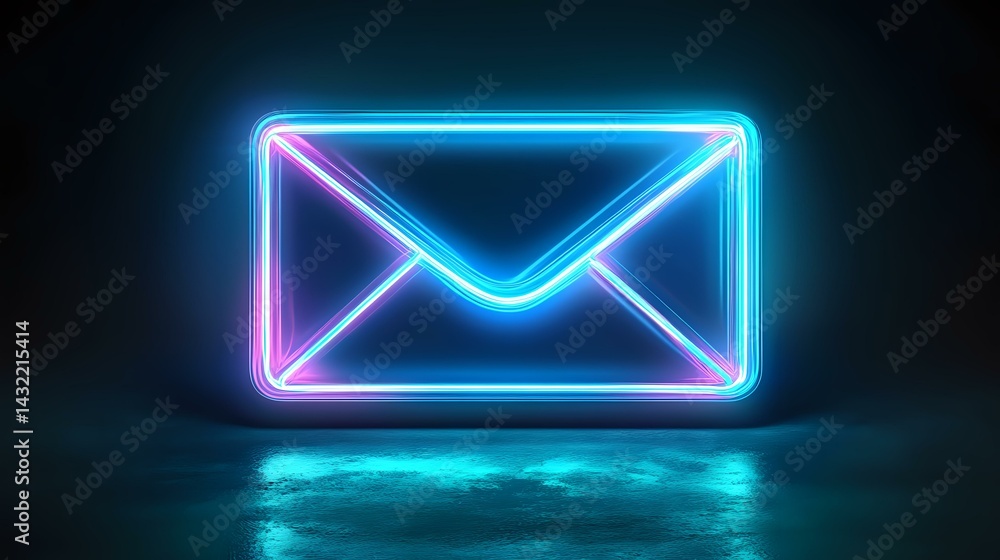 Glowing neon mail envelope icon with blue and pink light effect floating above reflective surface against dark background, modern digital communication concept. Glowing neon mail envelope icon with blue and pink light effect floating above reflective surface against dark background, modern digital communication concept.