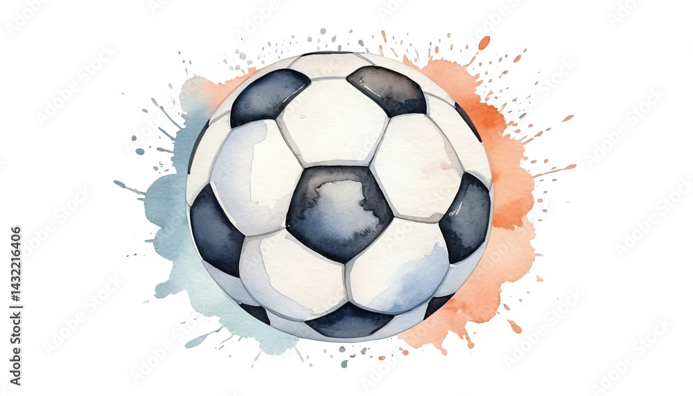 Fototapeta premium Watercolor Soccer Ball with Orange and Blue Splashes
