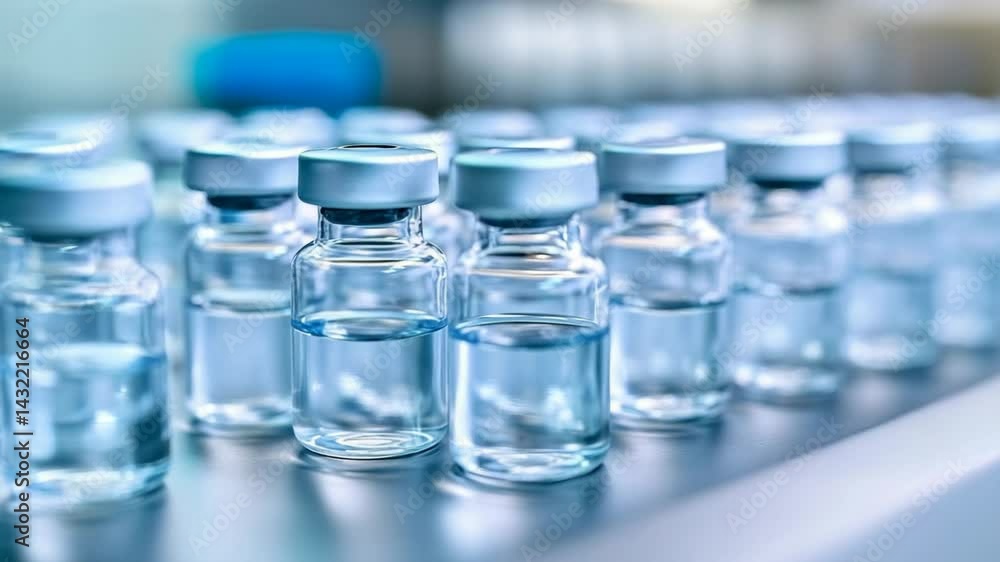 Close up of glass vials filled with clear liquid in a row under cool toned light, for medical and pharmaceutical concepts. Close up of glass vials filled with clear liquid in a row under cool toned light, for medical and pharmaceutical concepts.