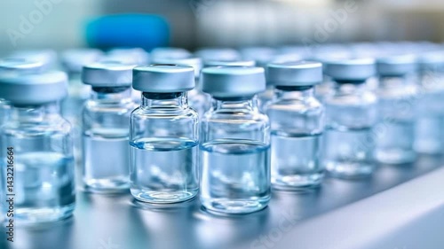 Close up of glass vials filled with clear liquid in a row under cool toned light, for medical and pharmaceutical concepts.