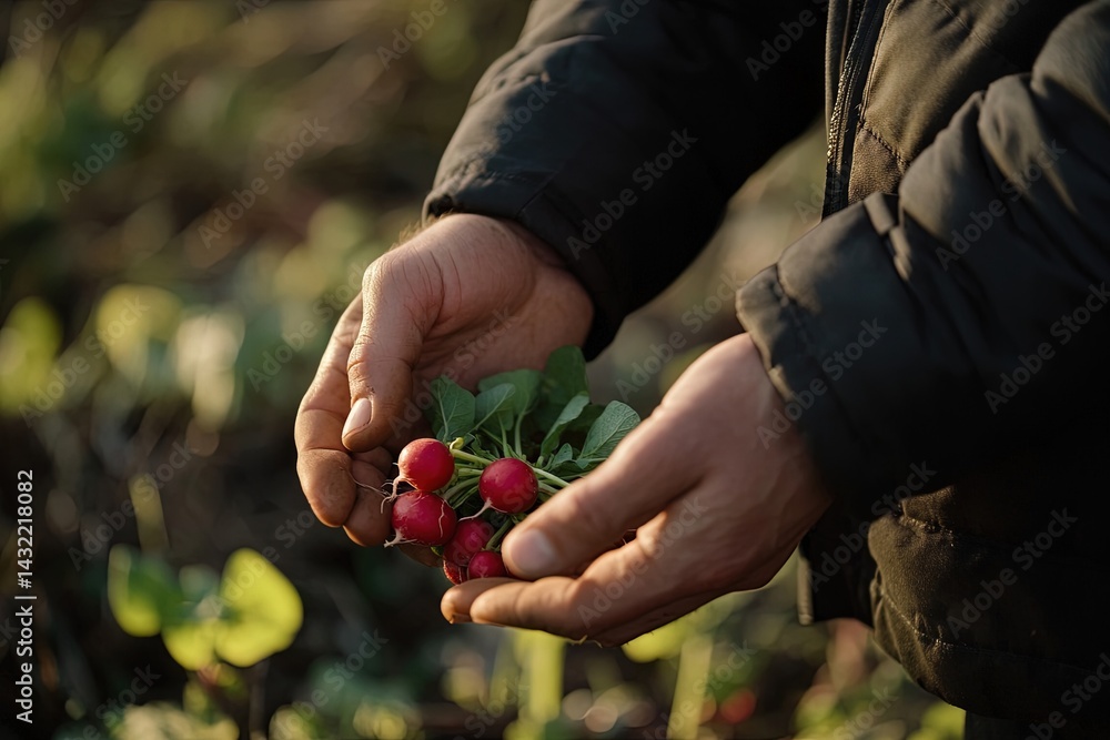 Hands sustainable and man with radish on farm Hands sustainable and man with radish on farm