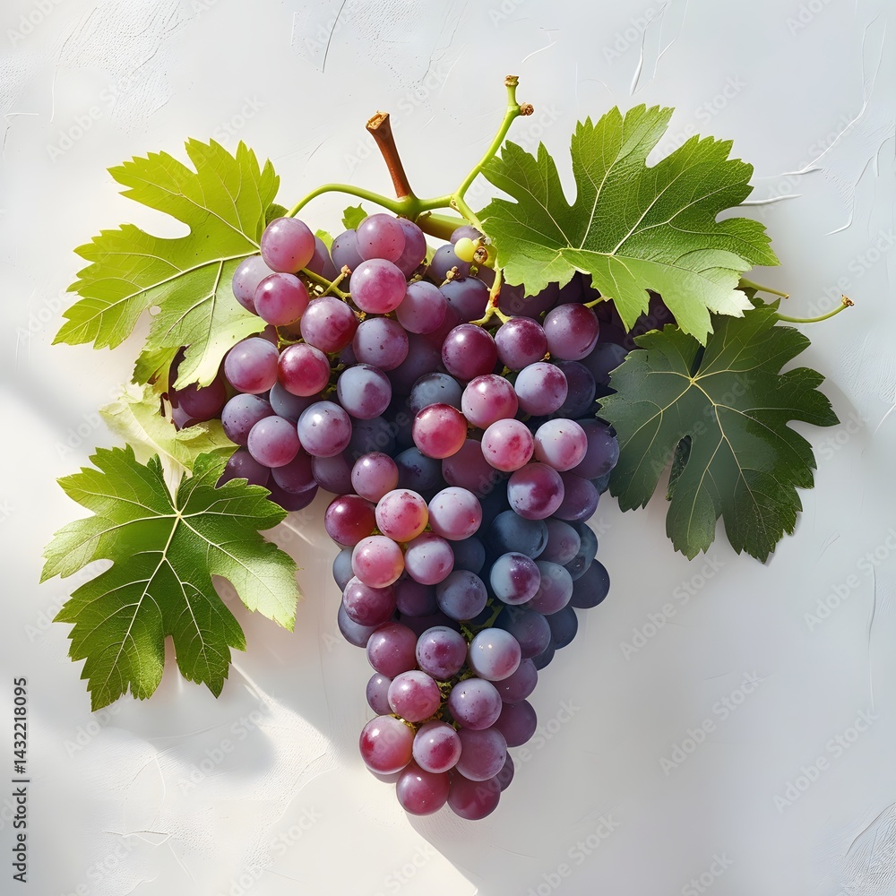 Fototapeta premium A vibrant cluster of green and purple grapes accompanied by lush green leaves, isolated against a white background