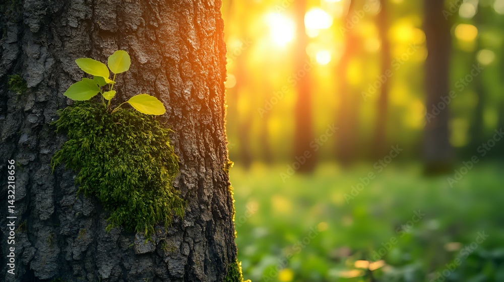 Obraz premium Young green plant growing on moss-covered tree trunk in magical forest at sunset, with golden sunlight streaming through trees creating bokeh effect.