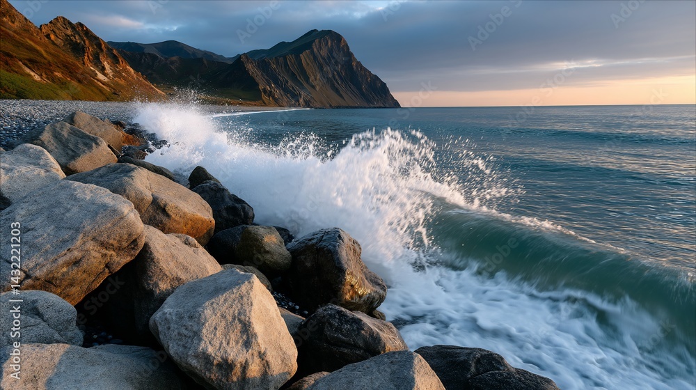 Fototapeta premium Dramatic coastal waves crashing against rocks at sunset