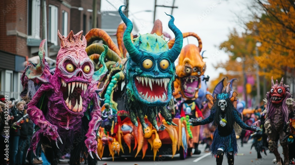 Naklejka premium Colorful monster floats dominate a Halloween parade.