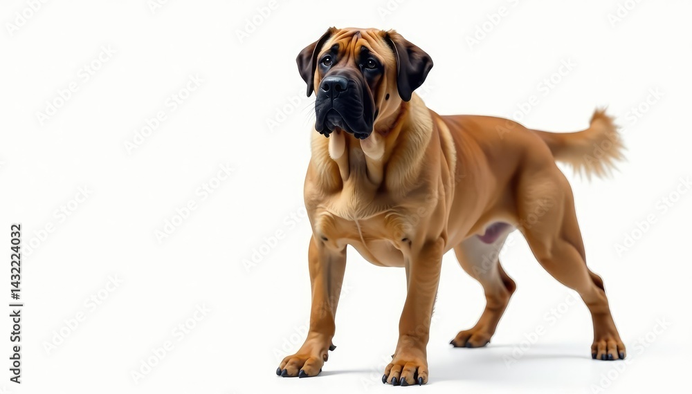 Obraz premium Majestic mastiff, powerful stance, white background, calm, eyes