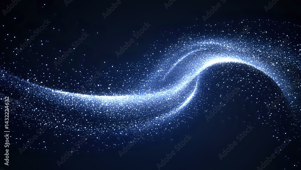 Glowing blue wave of sparkling particles flowing through dark space, creating dynamic motion trail against starry background. Suitable for technology concepts. Glowing blue wave of sparkling particles flowing through dark space, creating dynamic motion trail against starry background. Suitable for technology concepts.