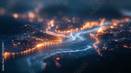 Aerial night view of winding river through illuminated city with glowing lights creating magical atmosphere, captured with tilt-shift effect for miniature appearance.
