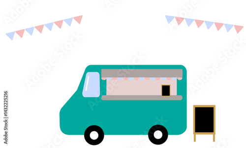 みどりのかわいいキッチンカーとガーランドと黒板のアイコン