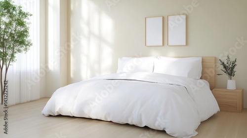 Modern bedroom interior, bright and airy.  Simple, minimalist design with natural light and neutral colors