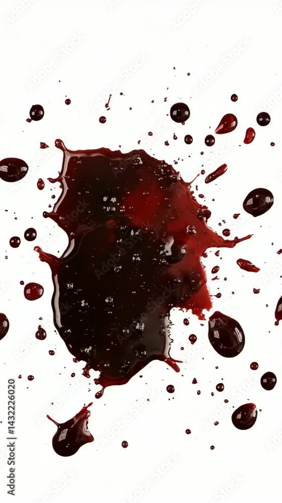 Overhead view of a dark red liquid splash, droplet stains and splatter on a white background, abstract art concept