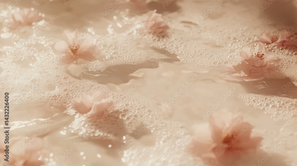 Obraz premium Delicate pink flowers float in a bath of bubbly water.