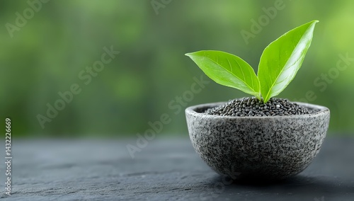 Young green plant growing from black chia seeds in stone bowl against blurred natural background, symbolizing growth, wellness and healthy lifestyle.