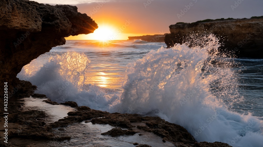 Fototapeta premium Dramatic sunset over crashing waves at coastal rock formations
