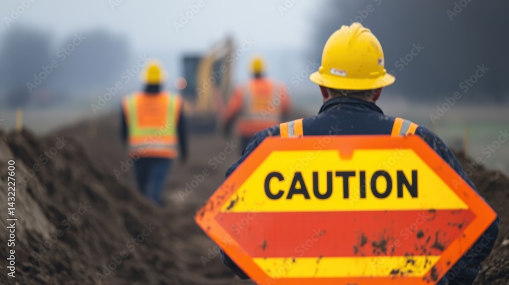 Fototapeta premium Construction Worker in Safety Gear Holding Caution Sign at Worksite with Heavy Machinery in Background