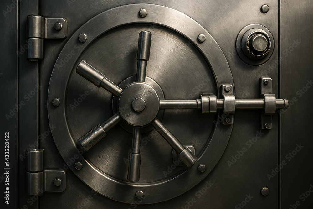 Secure steel vault door with heavy duty lock mechanism in metallic finish Secure steel vault door with heavy duty lock mechanism in metallic finish