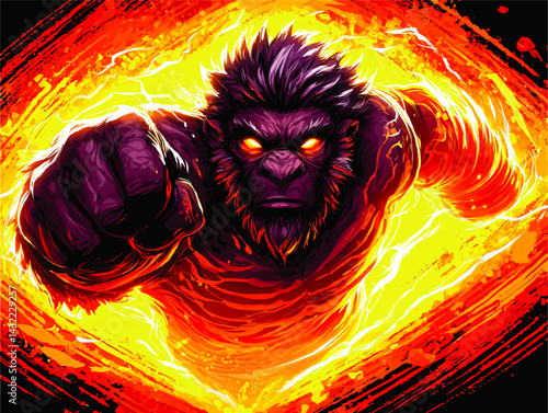 Powerful Neon Gorilla Punch – Dynamic Fiery Energy, Futuristic Comic Style, Vibrant Yellow and Orange, Action Illustration