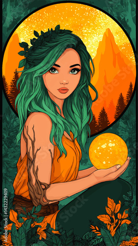 Enchanting Nature Goddess Illustration with Green Hair, Holding Glowing Orb in Mystical Forest at Sunrise – Fantasy Art Poster