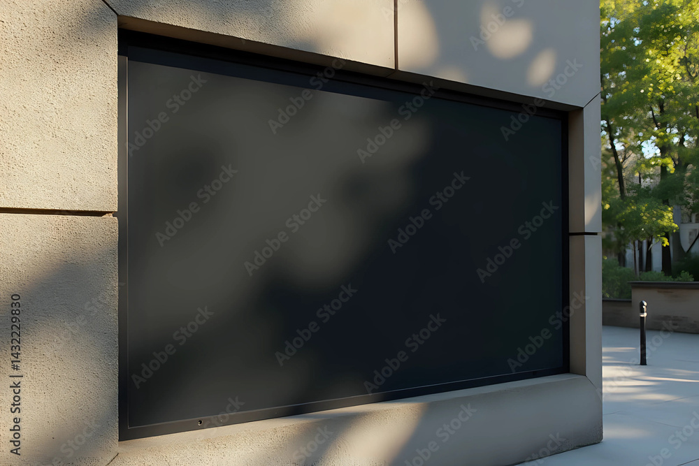 Fototapeta premium Close up of empty black poster on concrete building. Trees and sunlight in the background. Mock up