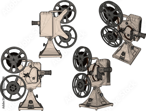 sketch vector illustration silhouette design old classic vintage projector camera old-time cinema building  