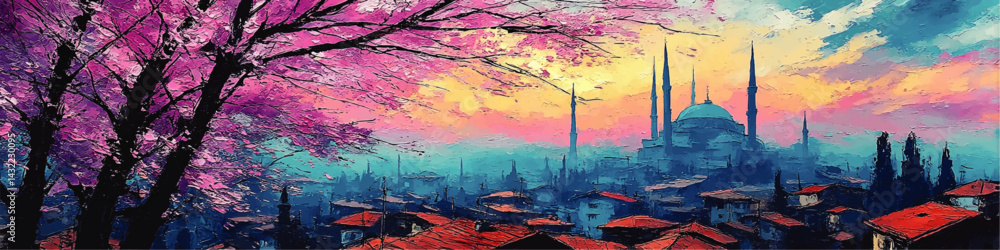 Naklejka premium Vibrant Spring Sunrise Over Istanbul Skyline with Cherry Blossoms and Historic Mosque – Colorful Digital Oil Painting Art
