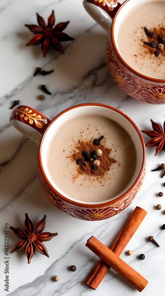 Top view of two ceramic mugs filled with warm spiced chai tea, surrounded by cinnamon sticks, star anise, and cloves on a marble surface, evoking cozy autumn vibes
Top view of two ceramic mugs filled with warm spiced chai tea, surrounded by cinnamon sticks, star anise, and cloves on a marble surface, evoking cozy autumn vibes