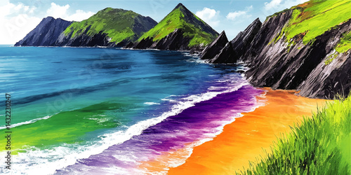 Vibrant Digital Painting of a Colorful Beach Landscape with Rainbow Waves, Rocky Cliffs, Green Hills, and Blue Ocean Under Clear Sky