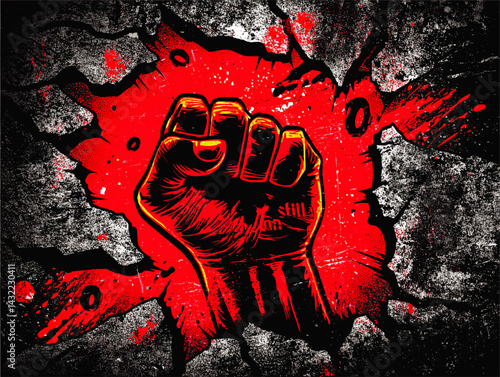 Powerful Raised Fist Illustration with Grunge Texture and Red Splash, Symbolizing Resistance, Revolution, and Social Justice