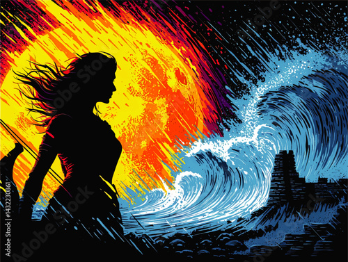 Dramatic Silhouette of Warrior Woman Facing Giant Ocean Wave at Sunrise with Fortress, Colorful Digital Art Illustration