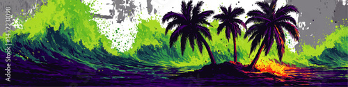 Vibrant Tropical Island with Palm Trees and Abstract Neon Waves – Colorful Vector Art for Creative Design Projects
