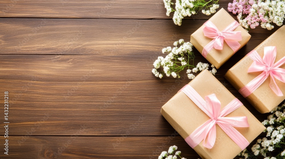 Elegant Gift Boxes with Pink Ribbons and Flowers on Wooden Background Elegant Gift Boxes with Pink Ribbons and Flowers on Wooden Background