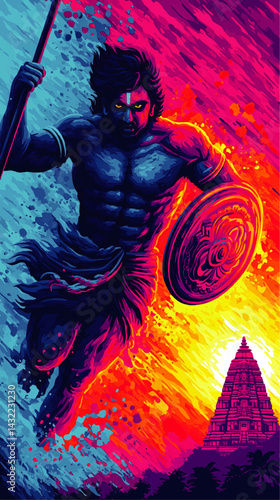 Vibrant Digital Art of Indian Warrior with Shield and Spear, Abstract Temple, Colorful Neon Splatter Background