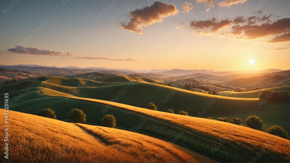 Fototapeta premium Golden Hour Over Rolling Hills and Endless Farmland