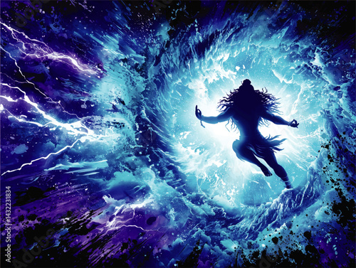 Mystical Shiva Meditation in Cosmic Energy Burst, Spiritual Lightning Power, Vibrant Blue Abstract Art Background