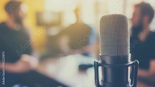 Close-up of studio microphone with blurred figures in the background, suitable for podcast or recording studio content