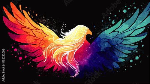 Vibrant Watercolor Phoenix Bird with Colorful Rainbow Wings on Black Background – Mythical Fantasy Art Illustration