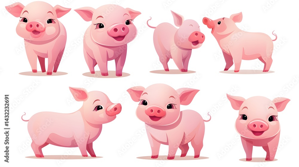 High-quality vector cartoon set of adorable pink pig characters for design projects High-quality vector cartoon set of adorable pink pig characters for design projects