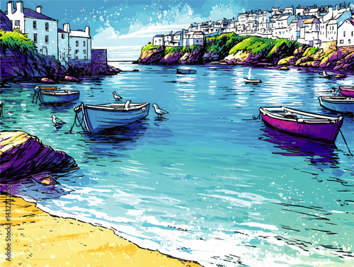 Stunning Coastal Village Harbor Illustration with Vibrant Boats, Seaside Houses, and Blue Ocean Water for Travel and Decor