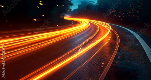 Nighttime highway scene with glowing light trails from vehicles amidst a dark forest backdrop