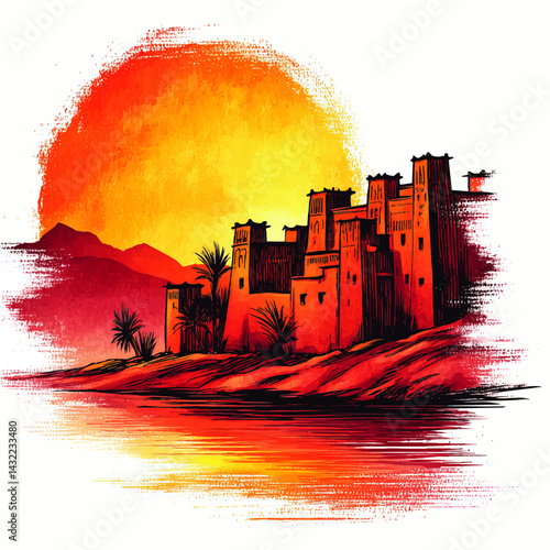 Vibrant Sunset Over Ancient Desert Fortress, Moroccan Kasbah, Riverbank Illustration, Traditional North African Landscape Art