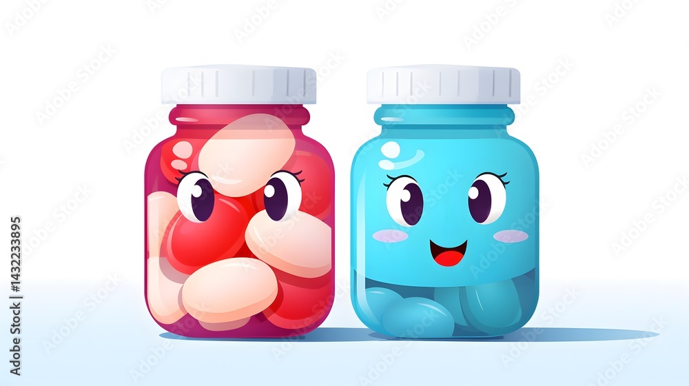 Obraz premium Playful and charming medicine bottle dispensing pills on white background