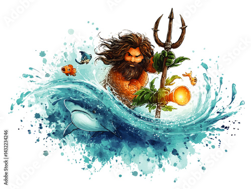 Powerful Poseidon King Cartoon Illustration with Trident, Ocean Waves, Marine Life, and Artistic Watercolor Splash Effect