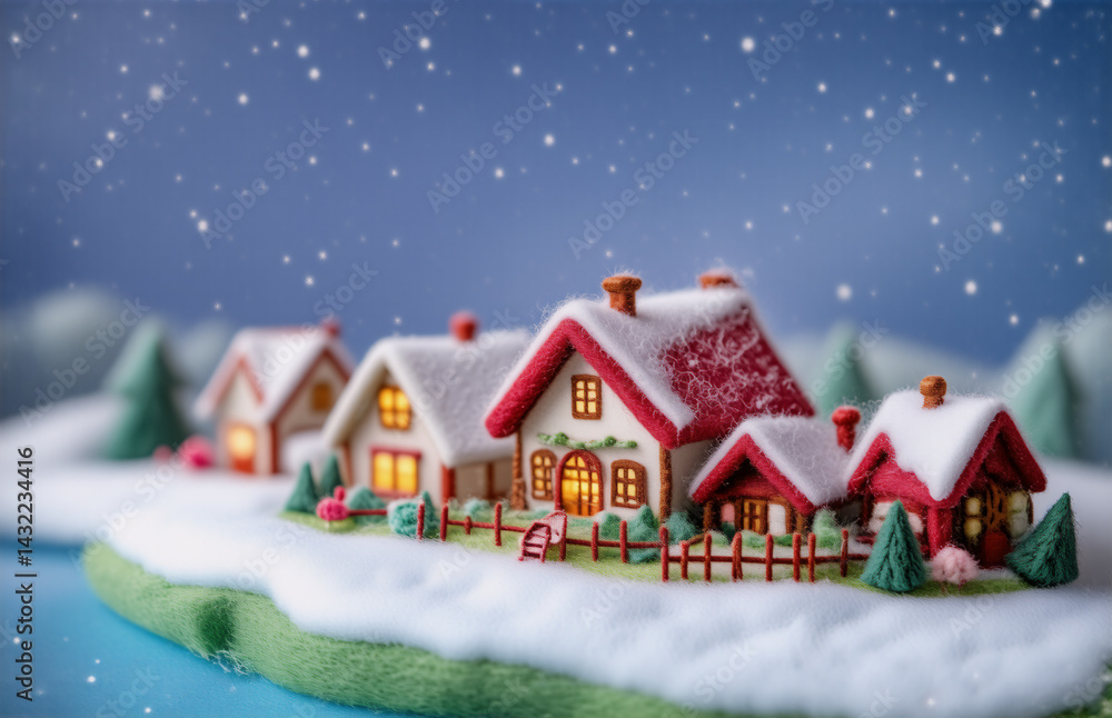 Fototapeta premium Here's a description and keywords:Cozy miniature homes nestled in a winter wonderland, blanketed in snow under a starry night. Warm lights glow, suggesting holiday cheer and a peaceful atmosphere.