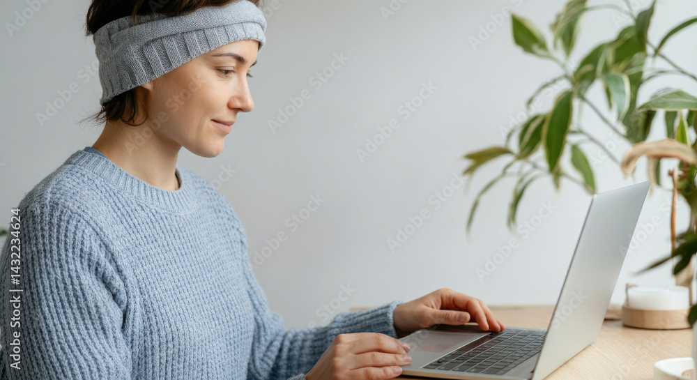 Naklejka premium Caucasian female adult working on laptop in cozy home office setting