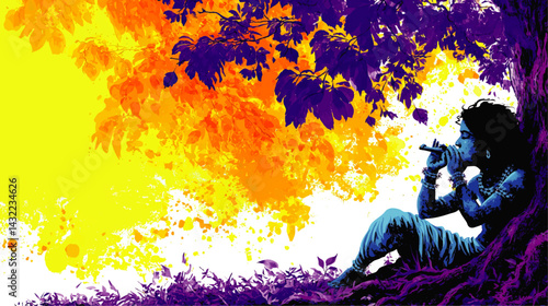Vibrant Artistic Illustration of Young Krishna Playing Flute Under Tree with Colorful Yellow and Orange Abstract Background