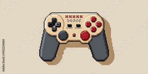 Stylized retro game controller with pixel art design mounted on a beige wall, blending nostalgic video game aesthetics with modern minimalism, ideal for gaming culture and digital art concepts

